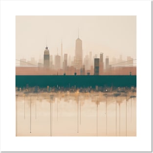 Modern Teal Beige Abstract Minimalist City Cityscape Skyline Posters and Art